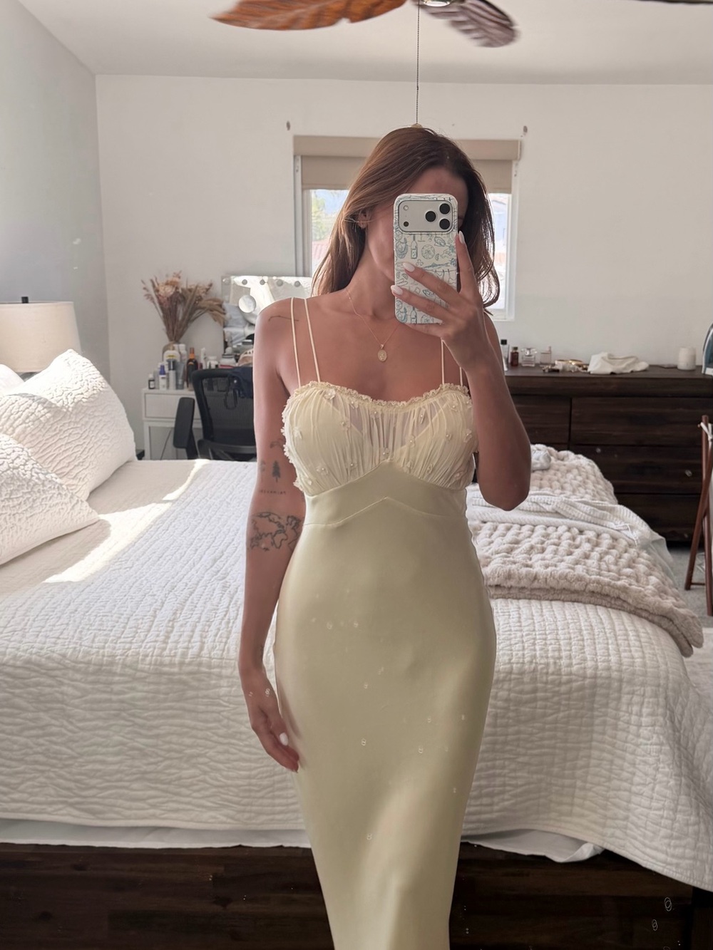 Brand New Elegant Cream Slip Midi Dress with Delicate Lace Bodice by Rumored
